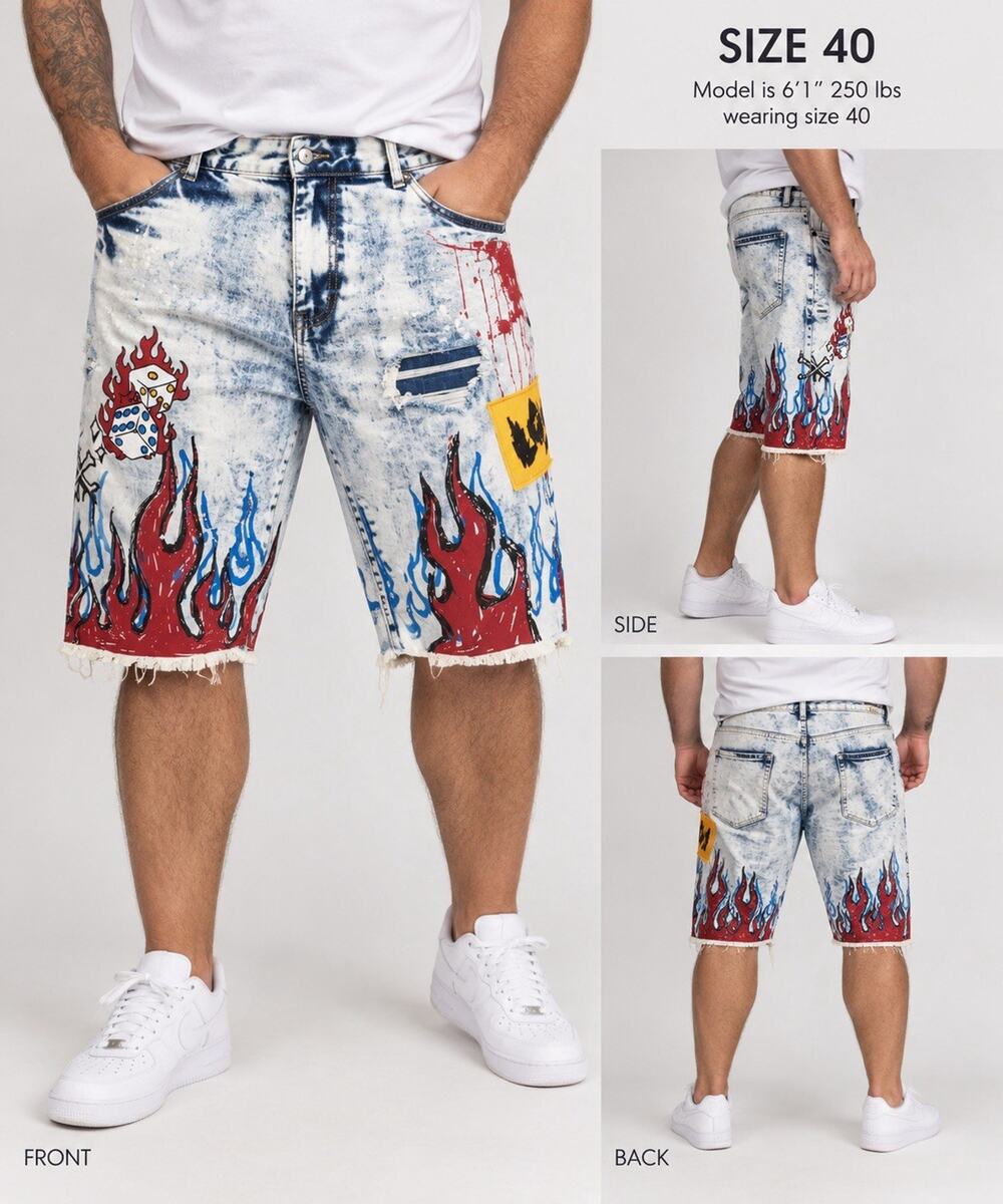 Men’s Acid Wash Denim Shorts Sz 40 Graphic Flames Dice Distressed Y2K Streetwear